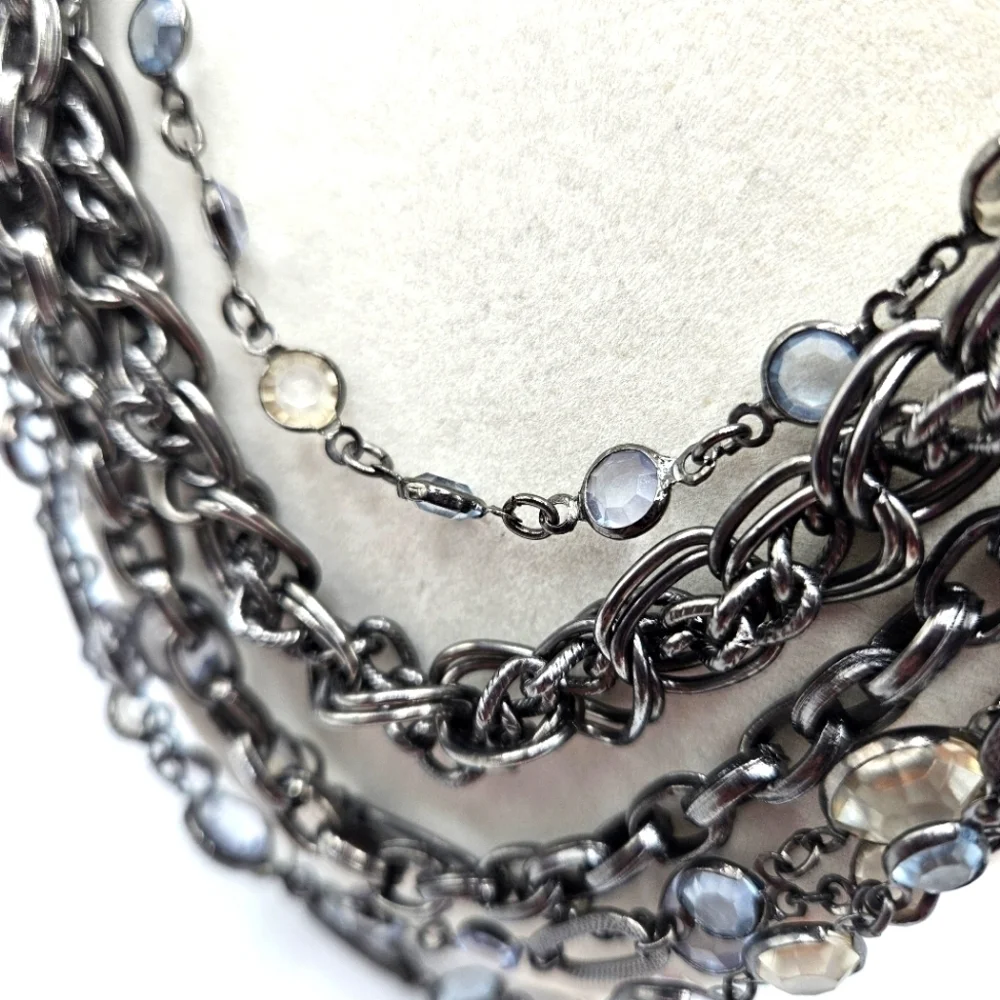 VINTAGE Talbots Gun Metal Multi Strand Chain Clear Stone Beaded Necklace